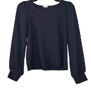 Self Esteem Polka Dot Sheer Long Sleeve Top Ribbed Square Neckline Puff Sleeves